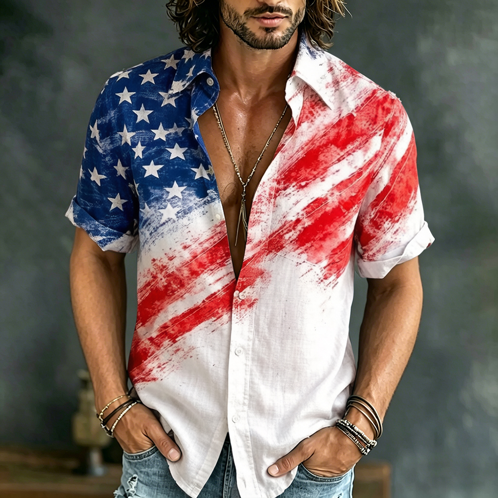  Men's Vintage Flag Wave Art Print Flowy Linen Blend Short Sleeve Shirt Westsshops