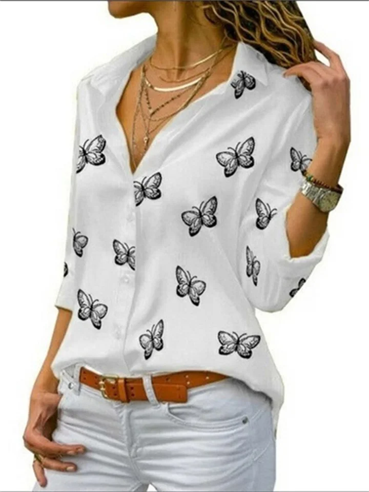 Temperament Commuter Multi-color Butterfly Print Loose Lapel Long-sleeved Cardigan Elegant Wind Shirt Women