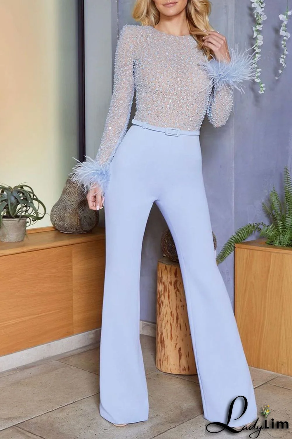 Pink Fashion Sexy Solid Patchwork Feathers Beading O Neck Straight Jumpsuits