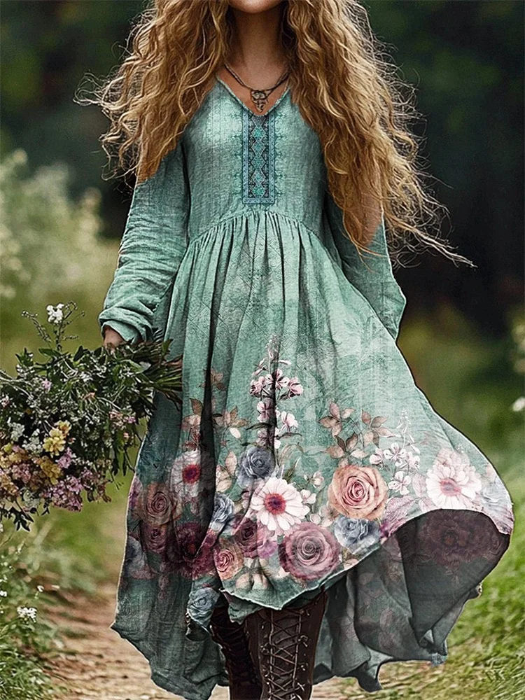 Women's Flowers Art Print V Neck Pocket Cotton Dress