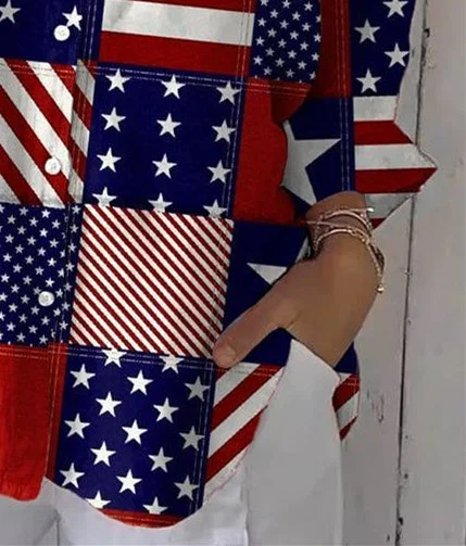 Women 3/4 Sleeve Shirt Collar National Flag Printed Graphic Button Tops