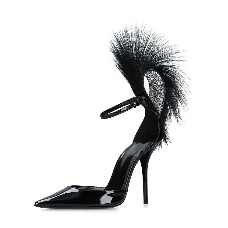Custom Made Black Patent Leather Ankle Strap Closed Toe Fur Sandals |FSJ Shoes