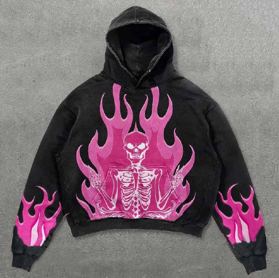 Retro Street Flame Print Washed Hoodie