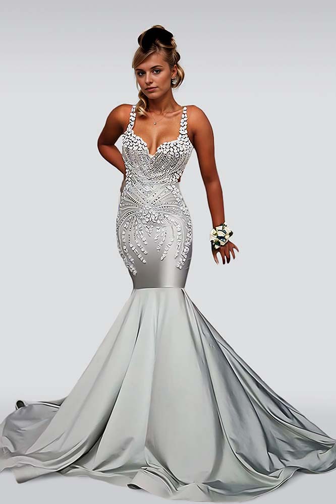  Grey Evening Dress Sequins Sleeveless Sweetheart with Beadings YL0096