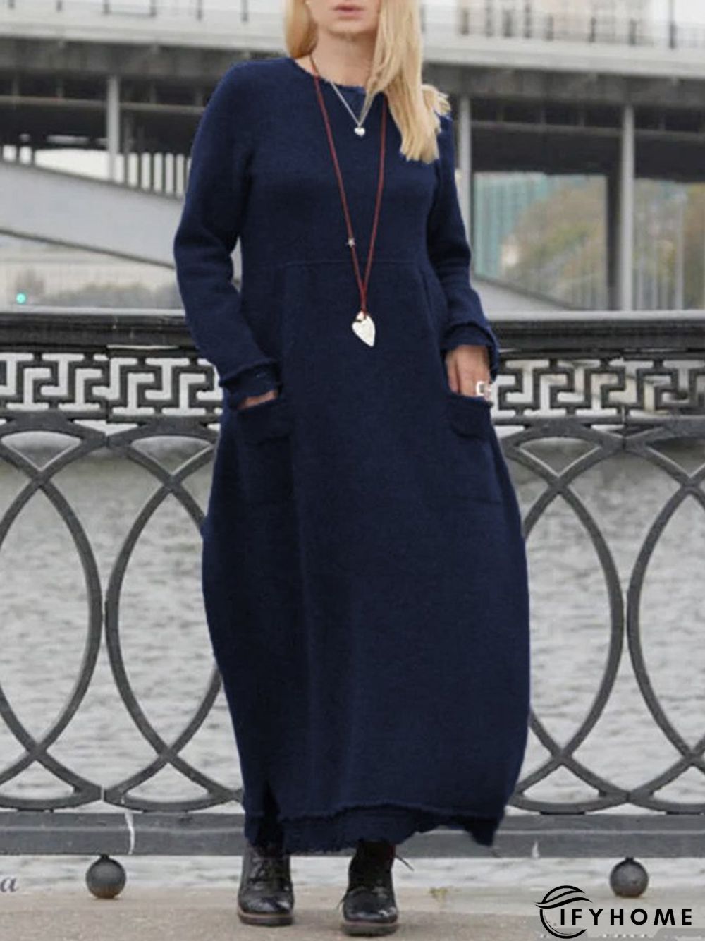 Plain Cotton Long Sleeve Dress | IFYHOME