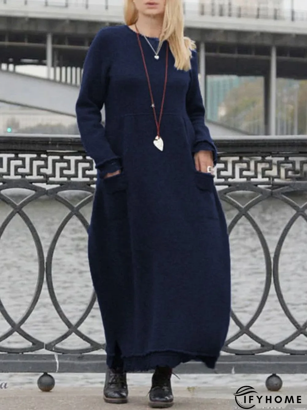 Plain Cotton Long Sleeve Dress | IFYHOME