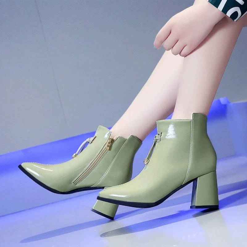 Children's mid-heel side zipper square toe nude boots, new British style thick heel ankle boots, wild high-heeled Martin boots