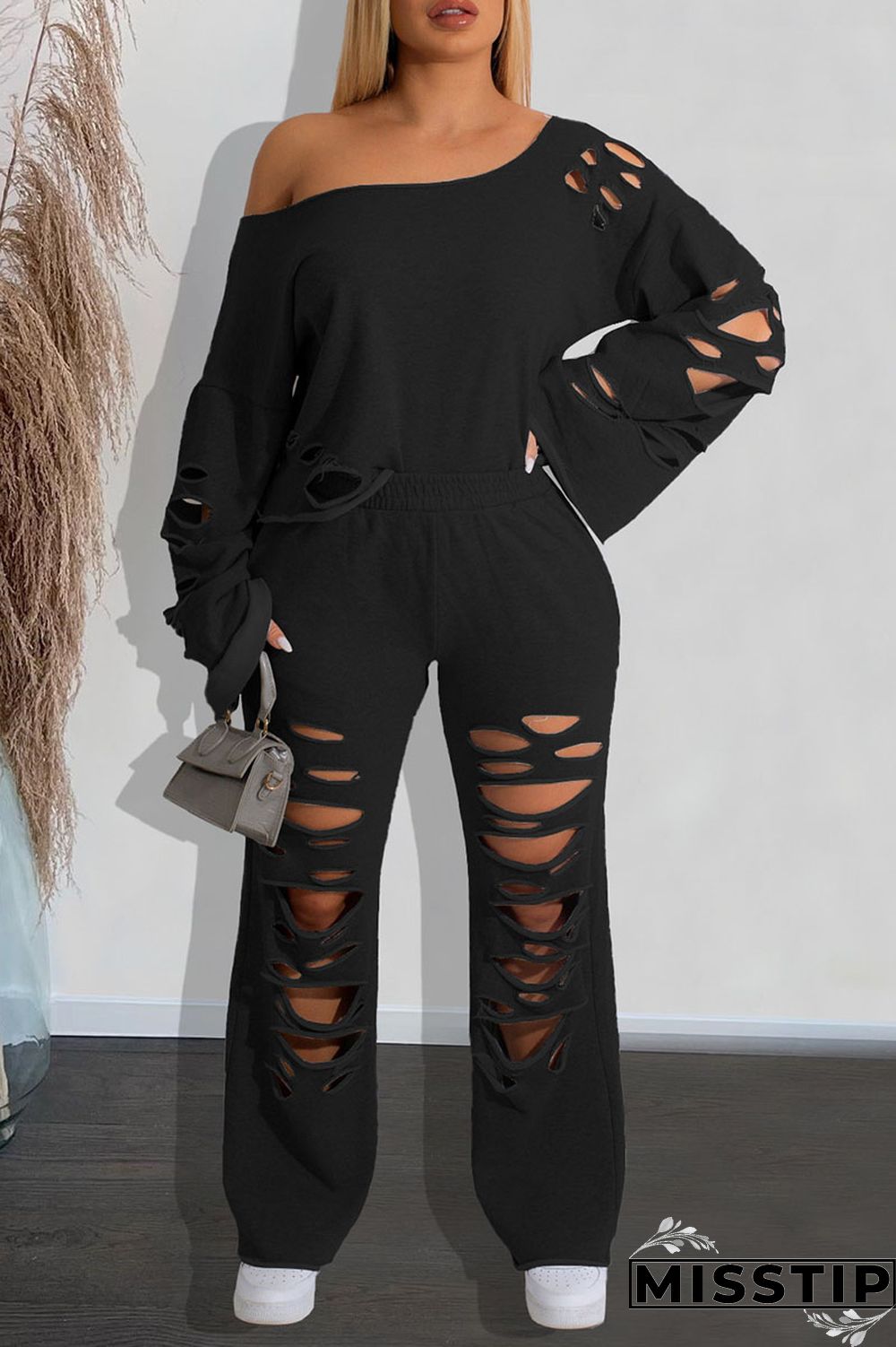 Yellow Casual Street Solid Ripped Hollowed Out Patchwork Oblique Collar Long Sleeve Two Pieces