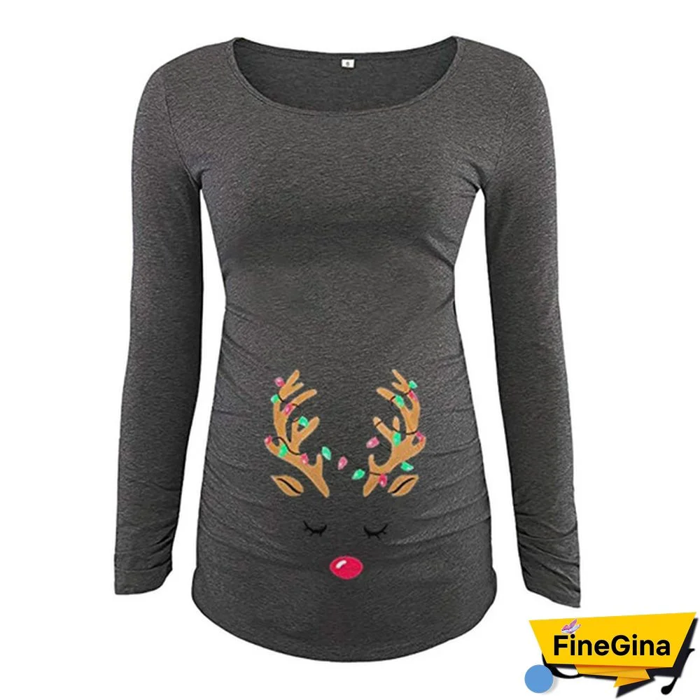 New Pregnancy Clothes Christmas Long Sleeve Antlers Print Side Ruched Maternity Top Nursing Tops