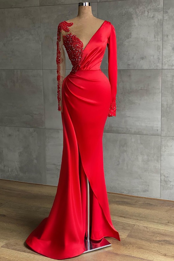 Red Long Sleevess Beadings Prom Dress Mermaid With Slit - lulusllly