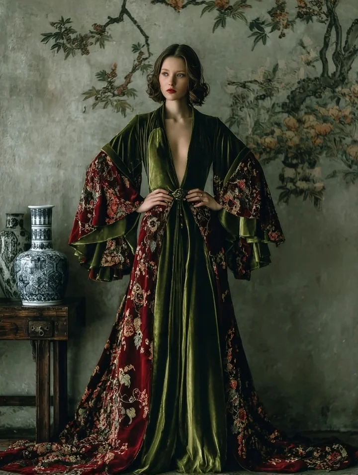 Women's Retro Fit Green Velvet Robe (belt Included)