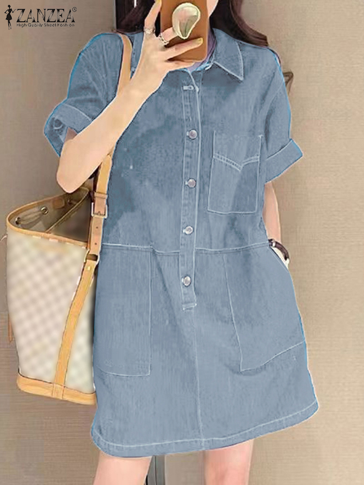 IO Dress Shop Women Denim Shirt Dress 2025 Summer Fashion Short Sleeve Sundress Solid Pockets Robe Casual Turn Down Collar Mini Dresses IO Dress