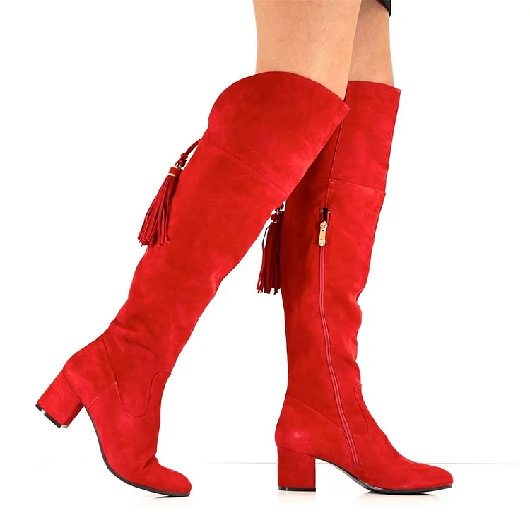 Red Tassels Chunky Heel Over-the-Knee Suede Boots Vdcoo