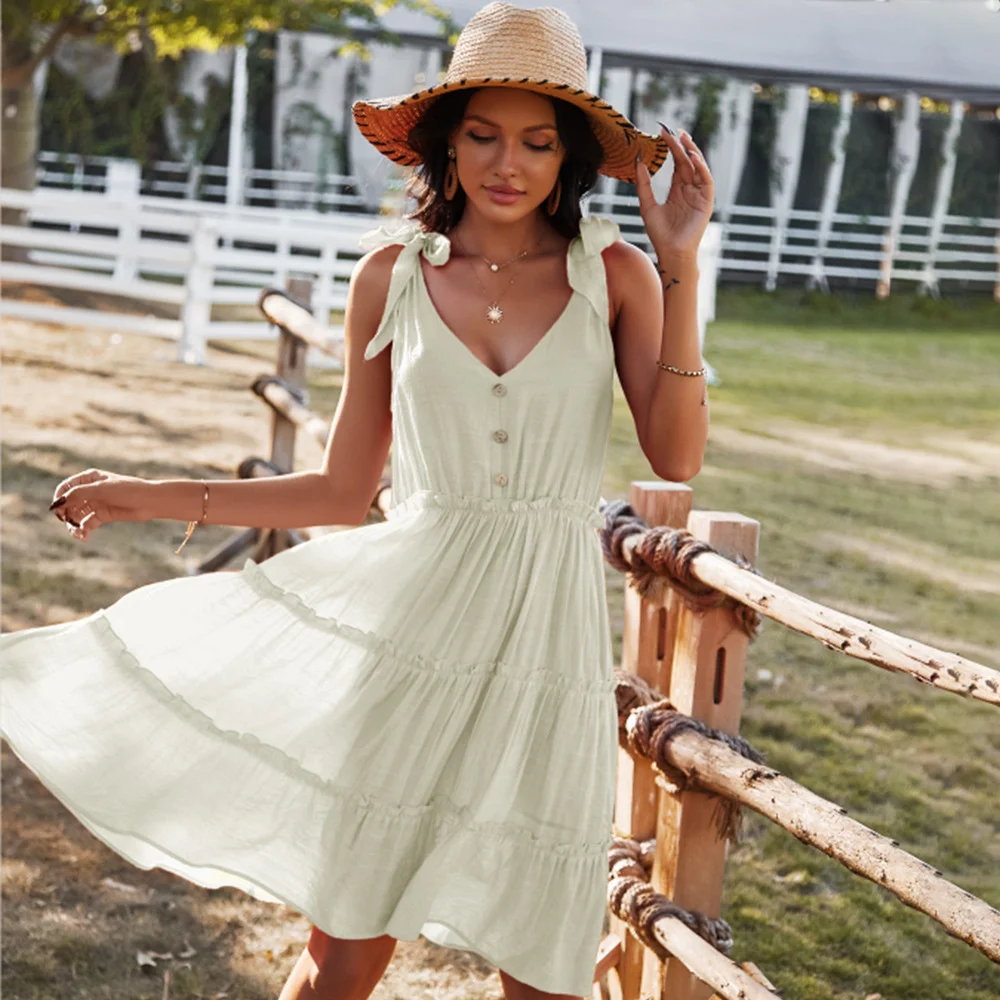 Waist Slimming A-Line Skirt Solid Color Dress with Wooden Ears