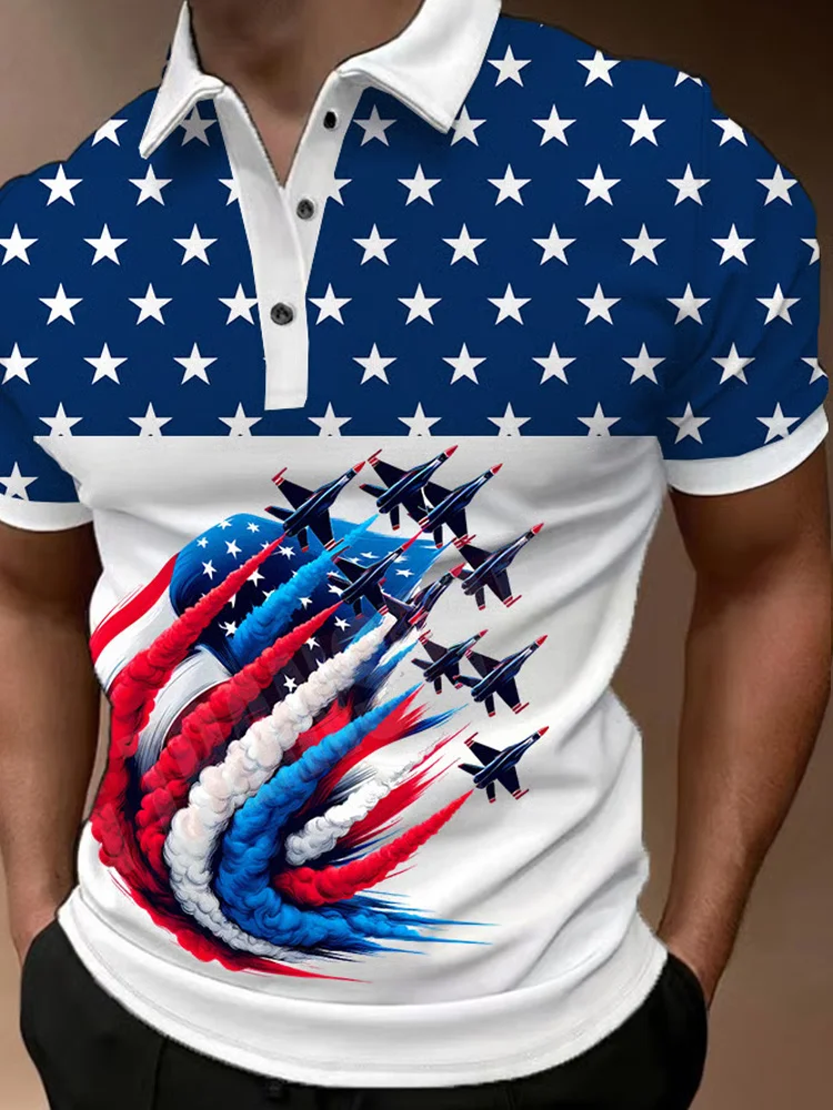 Men's American Flag Jet Fighter Printed Polo Shirt