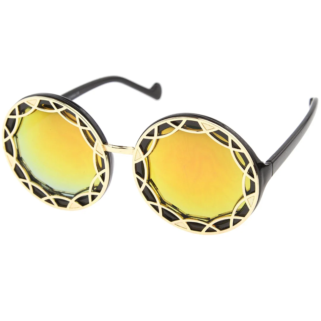 Women's Oversize Ornate Flat Pattern Color Mirror Lens Round glasses 55mm