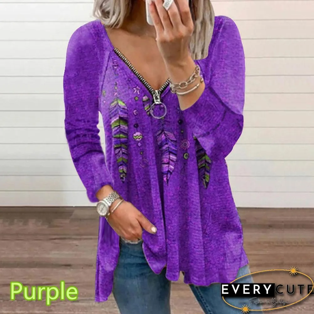 Spring and Early Autumn New Fashion Womens Feather Plaid Printed Casual Plus Size Long