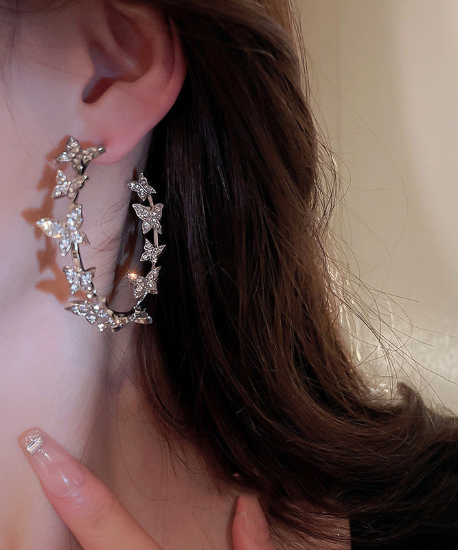 VCSHOES Silk Alloy Butterfly Patchwork Zircon C Shapes Hoop Earrings