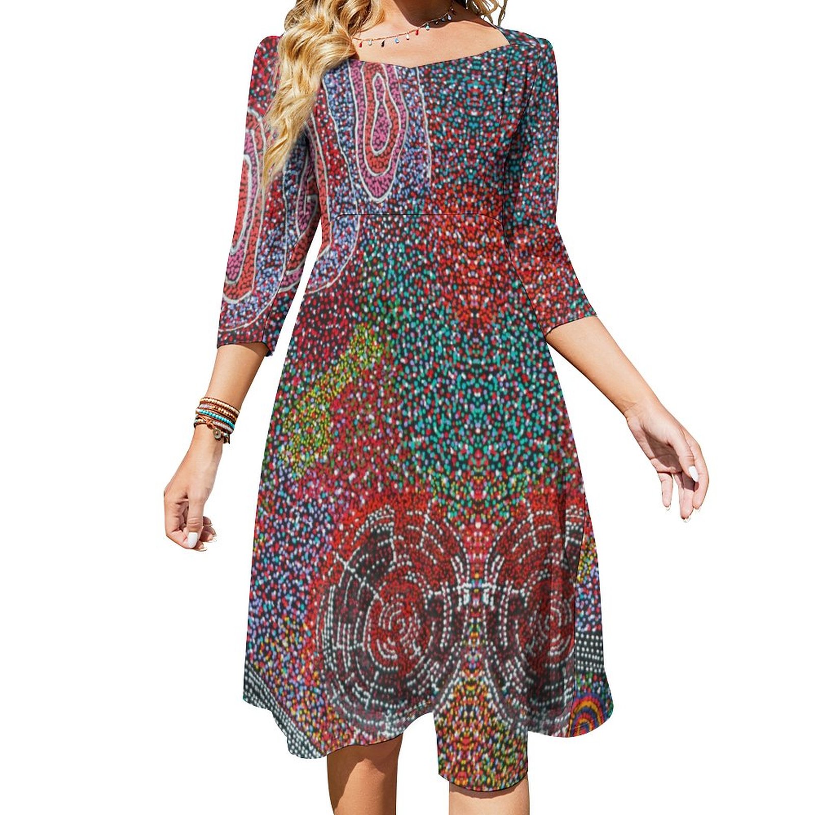Dot Painting By Australian Aboriginal Artists Dress Sweetheart Tie Back Flared 3/4 Sleeve Midi Dresses