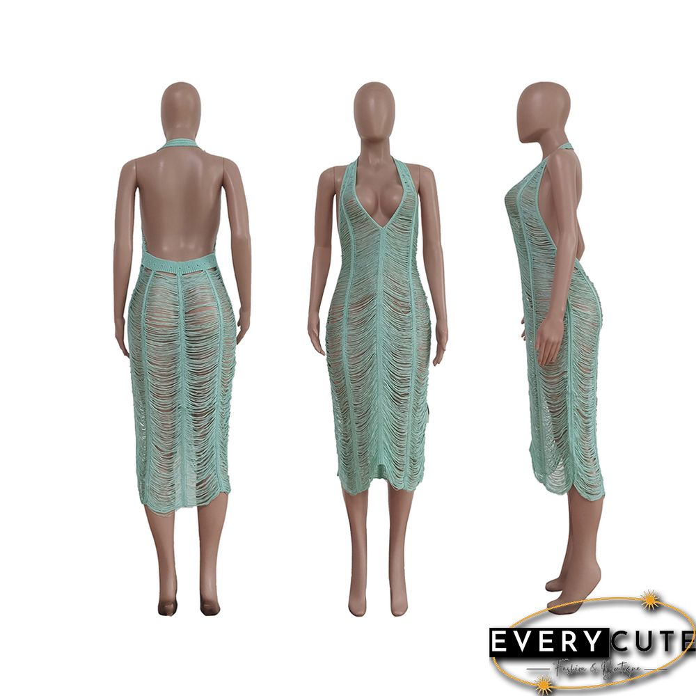 Light Blue Polyester Hollow Out Halter Beach Cover Dress