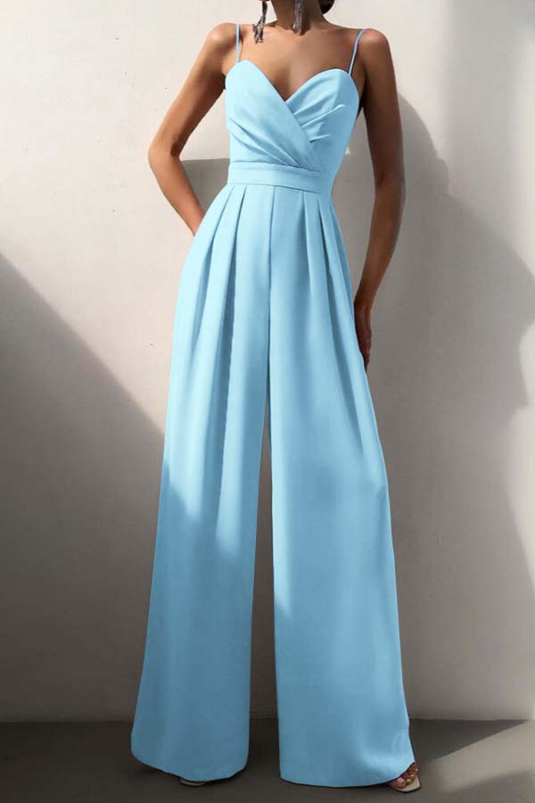 Hidais Chic Lilac Sweetheart Spaghetti Strap Sleeveless Pleated Long Wid-Leg Jumpsuit