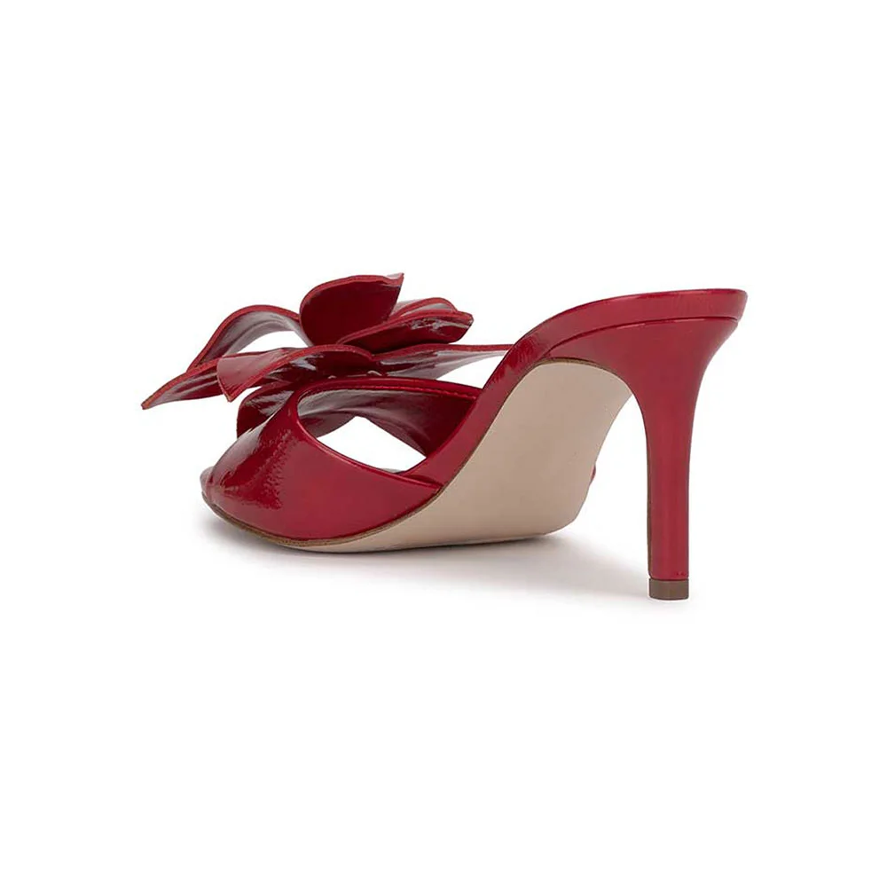 Chic Red Open-Toe Stiletto Heel Slides Shoes with Flower Accent