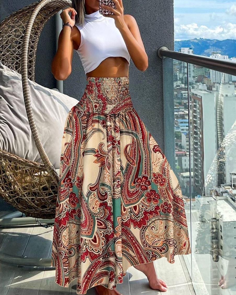 Mature Women Summer High Waist Print Loose All-match Skirts