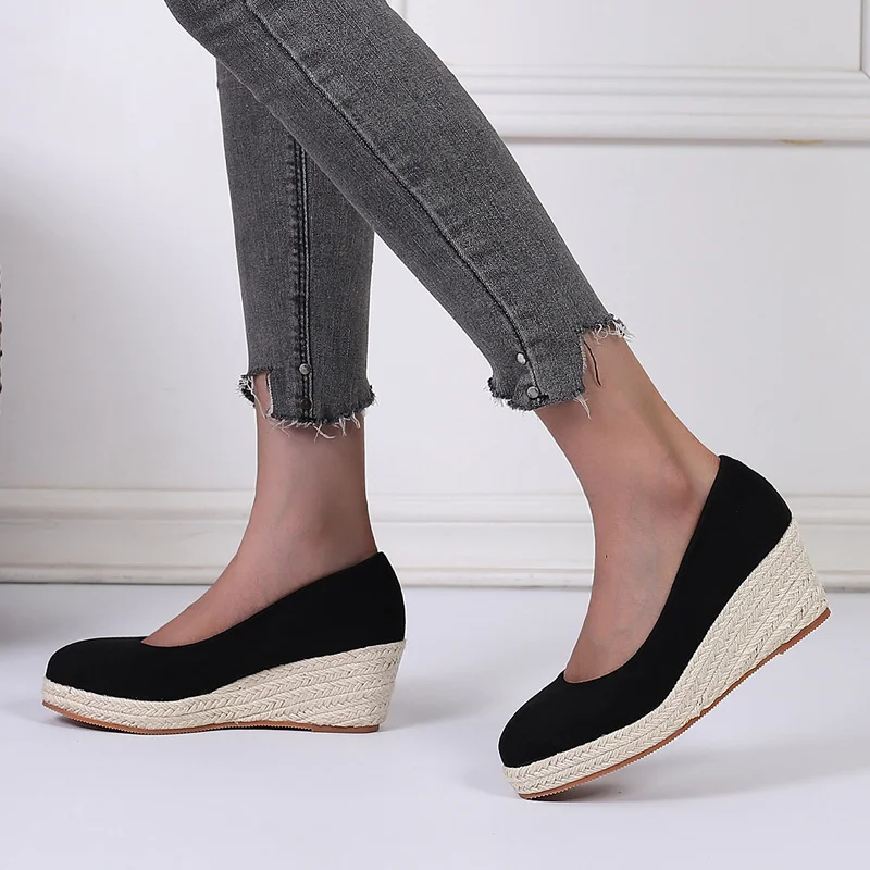 Wongn Wongn And Autumn Slope With Thick Bottom High Heel Round Head Shallow Single Shoes Women Grass Hemp Rope Bottom