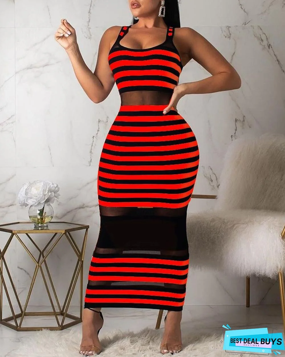 Thin Strap Striped Mesh Dress