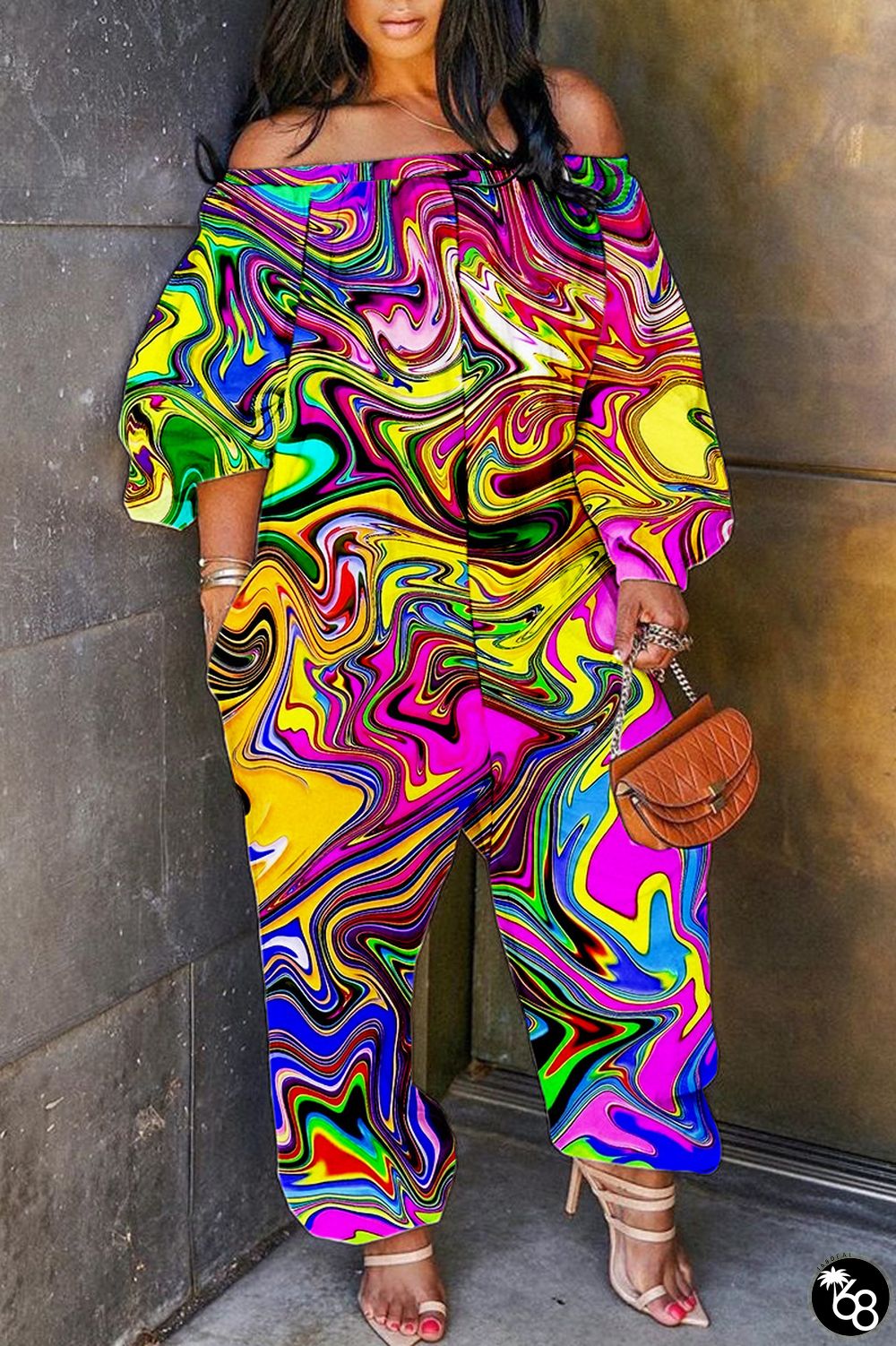 Colour Casual Print Backless Off the Shoulder Regular Jumpsuits | 168DEAL