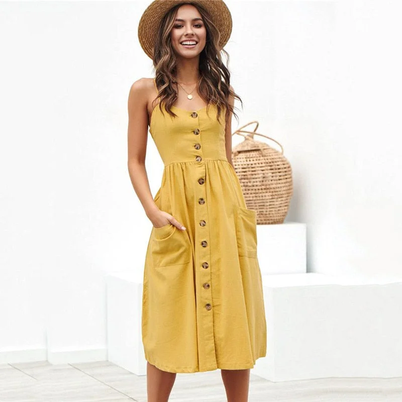 2020Women Summer Dress Backless Polka Dot Sleeveless Beach Button Casual Yellow Sundress Plus Size XXXL Dress For Women Vestidos