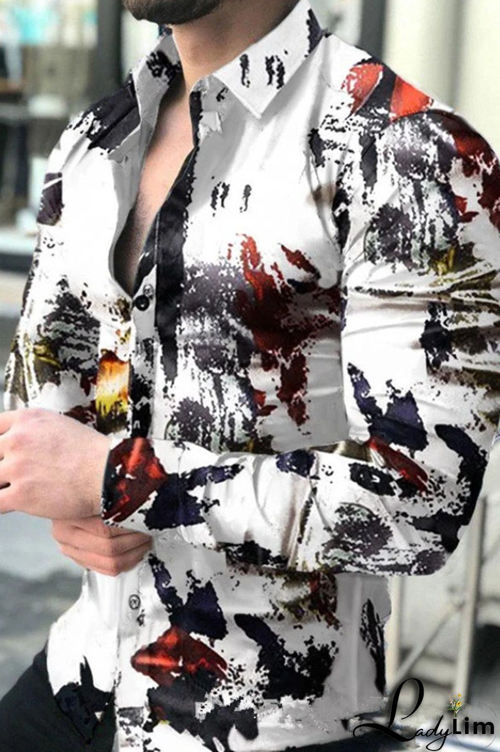 White Fashion Print Split Joint Buckle Turndown Collar Tops