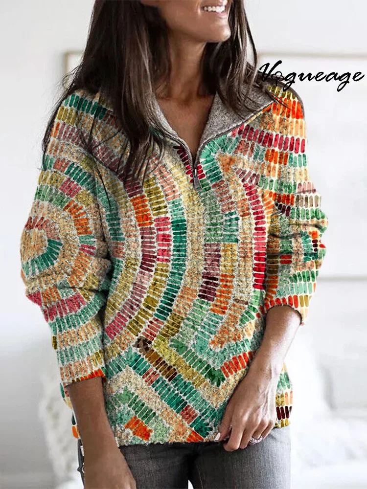 Bright Colored Watercolor Spots Zippered Long-Sleeved Sweater