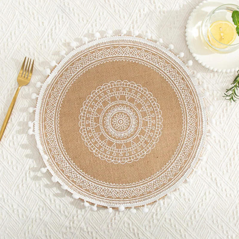 INS Jute Round Placemats Boho Tassels Table Mats Heat Insulation Pads Coffee Cup Mat Rustic Farmhouse Kitchen Decor Photo Props