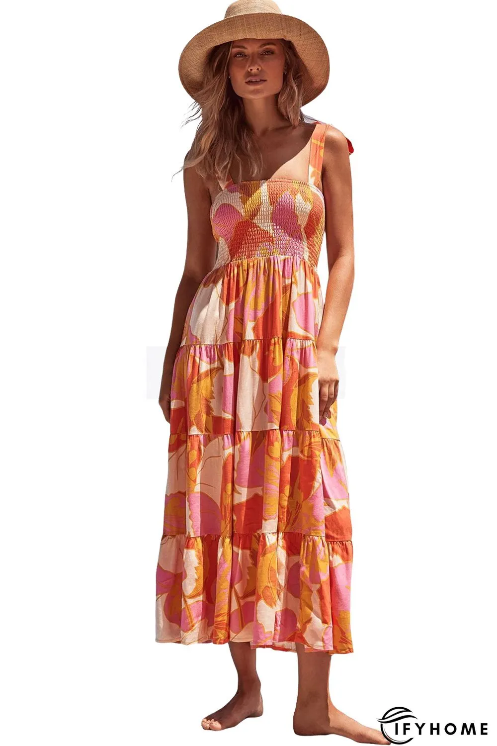 Orange Boho Print Tie Straps Smocked Maxi Dress | IFYHOME