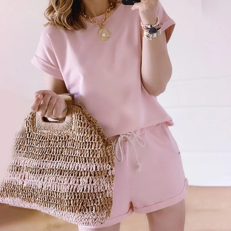 Solid Summer Women's Suit Two Pieces Tracksuit Short Sleeve Sports Suits Women 2021 Casual Tracksuits Elastic Waist Lady Set