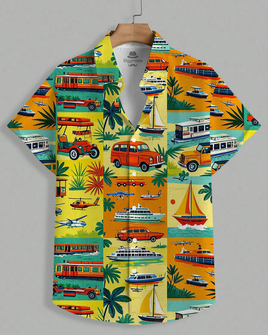 Men's Plus Size Hawaiian Yellow Coconut Tree Colorblock Vintage Sailing Car Print Short Sleeve Shirt