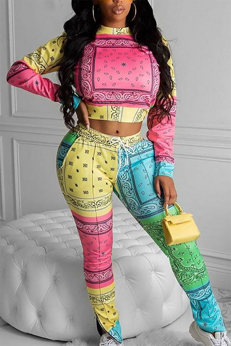 Plus Size Casual Pant Set Multicolor Colorblock Print Long Sleeve Knitted Two Piece Pant Set [Pre-Order]