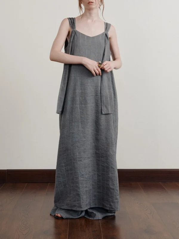 Linen Striped Style Shoulder Strap Kinky Midi Dress