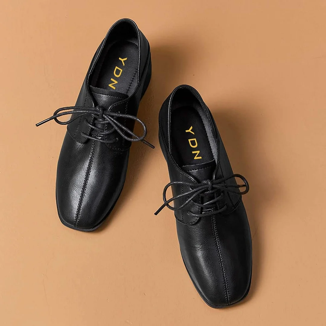 Casual Black Square Toe Block Heel Lace Up Women's Oxfords