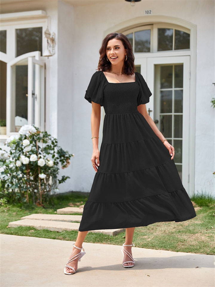 Summer Women's Square Neck Backless Bubble Sleeve Pleated Short Sleeve Dress Solid Color Midi Dresses