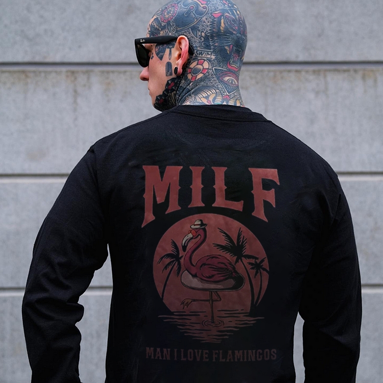 MILF MAN I LOVE FLAMINGOS GRAPHIC BLACK PRINT Sweatshirt
