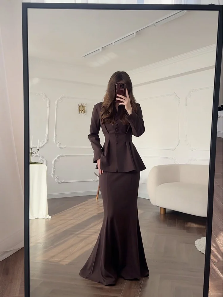 Retro Solid Color Long-sleeved Top High Waist Mid-length Dress Set