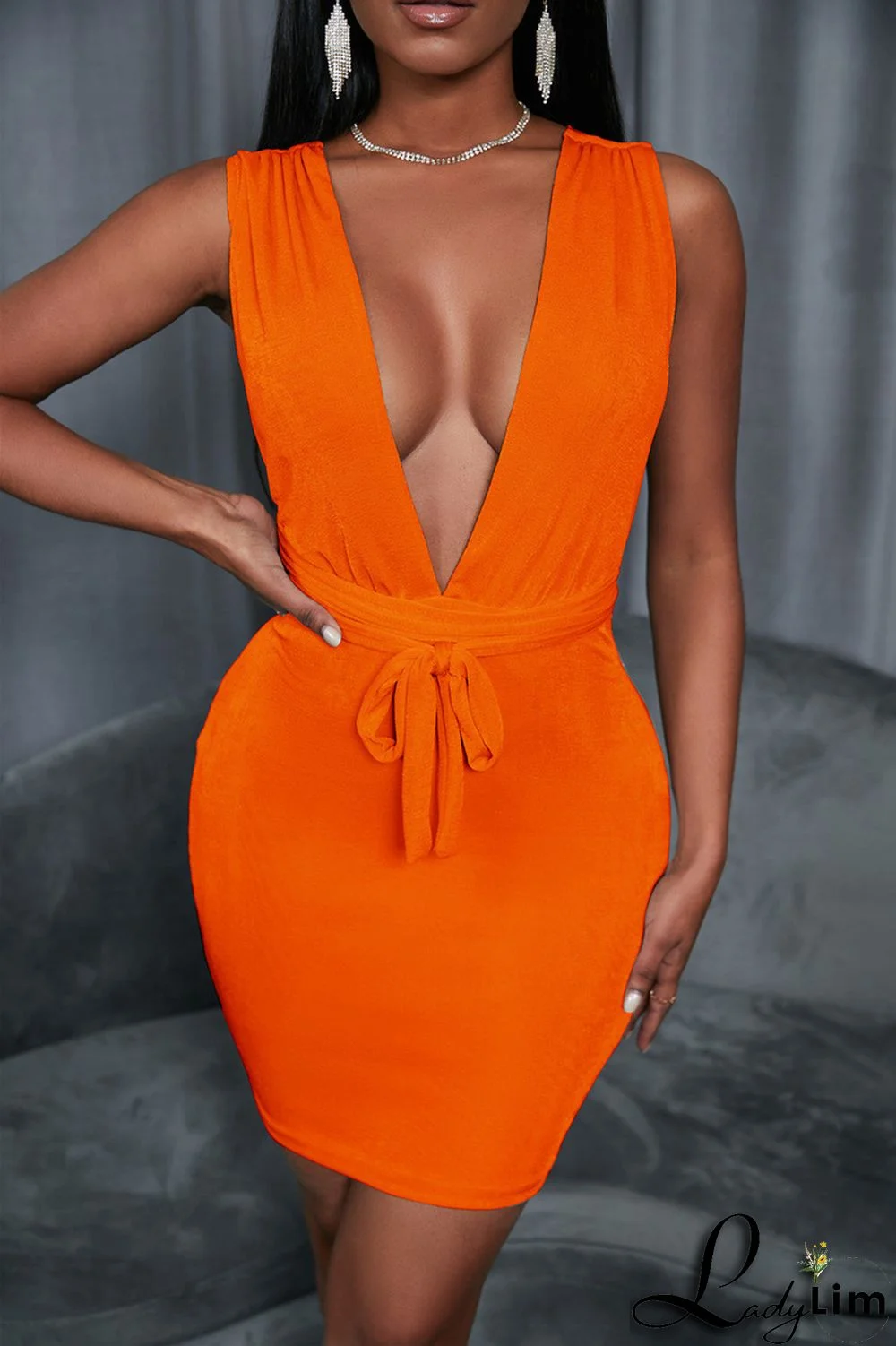 Fluorescent Orange Fashion Casual Solid Backless V Neck Sleeveless Dress