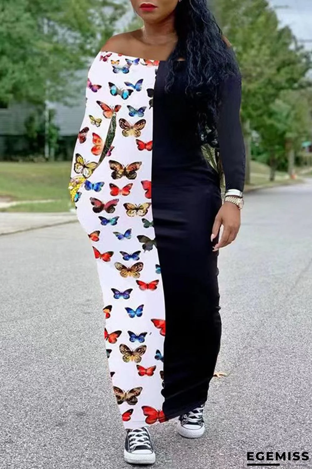 Multicolor Casual Butterfly Print Patchwork Off the Shoulder Long Sleeve Dresses | EGEMISS