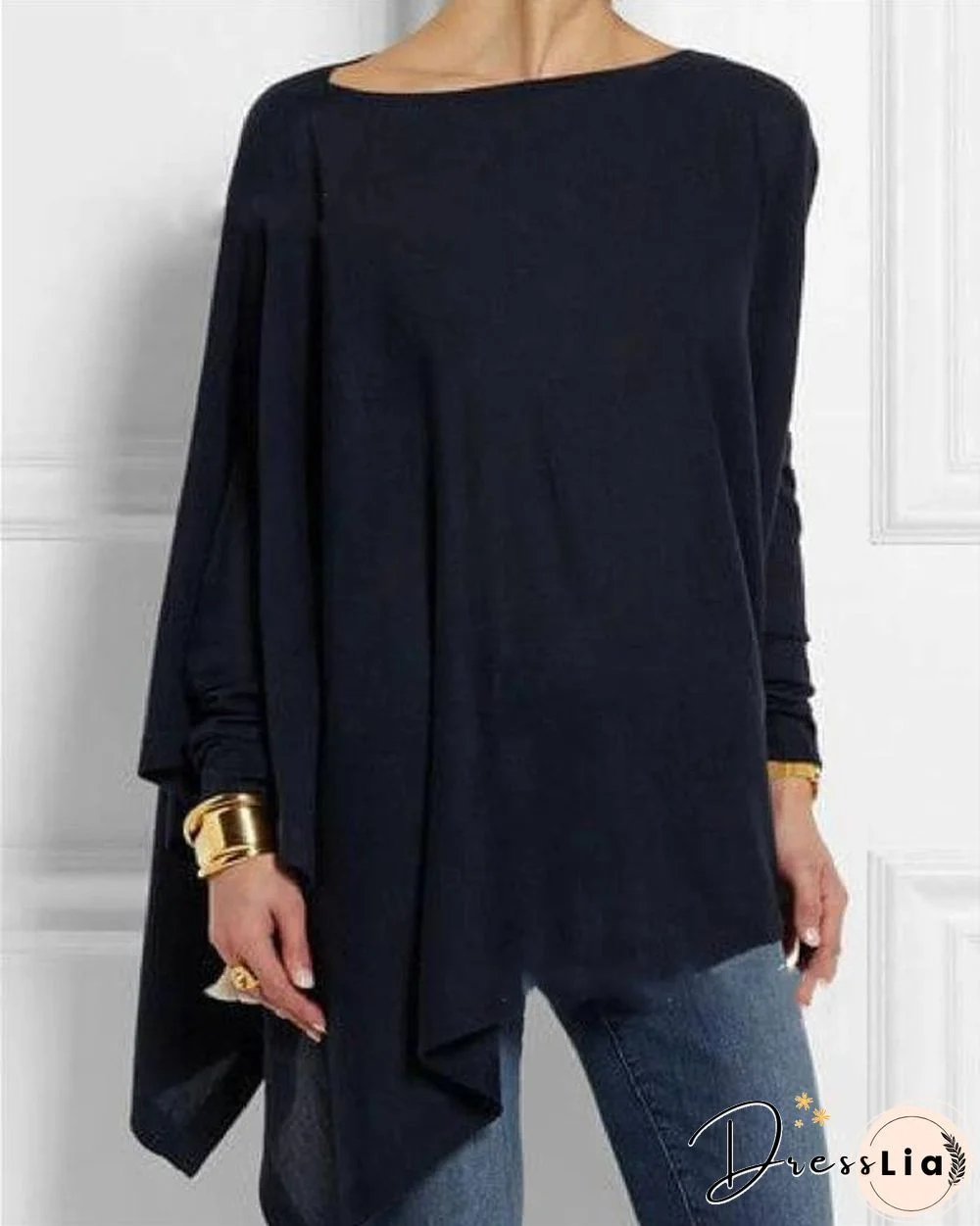 Solid Long Sleeve Crew Neck Casual Irregular Blouses Tops