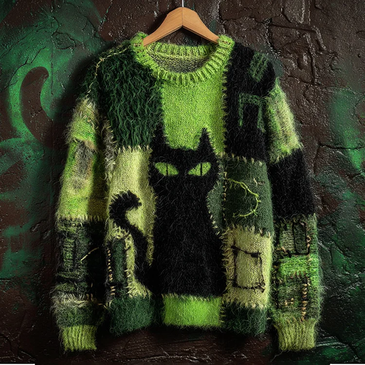 Women's Casual Vintage Halloween Black Cat Embroidered Sweater