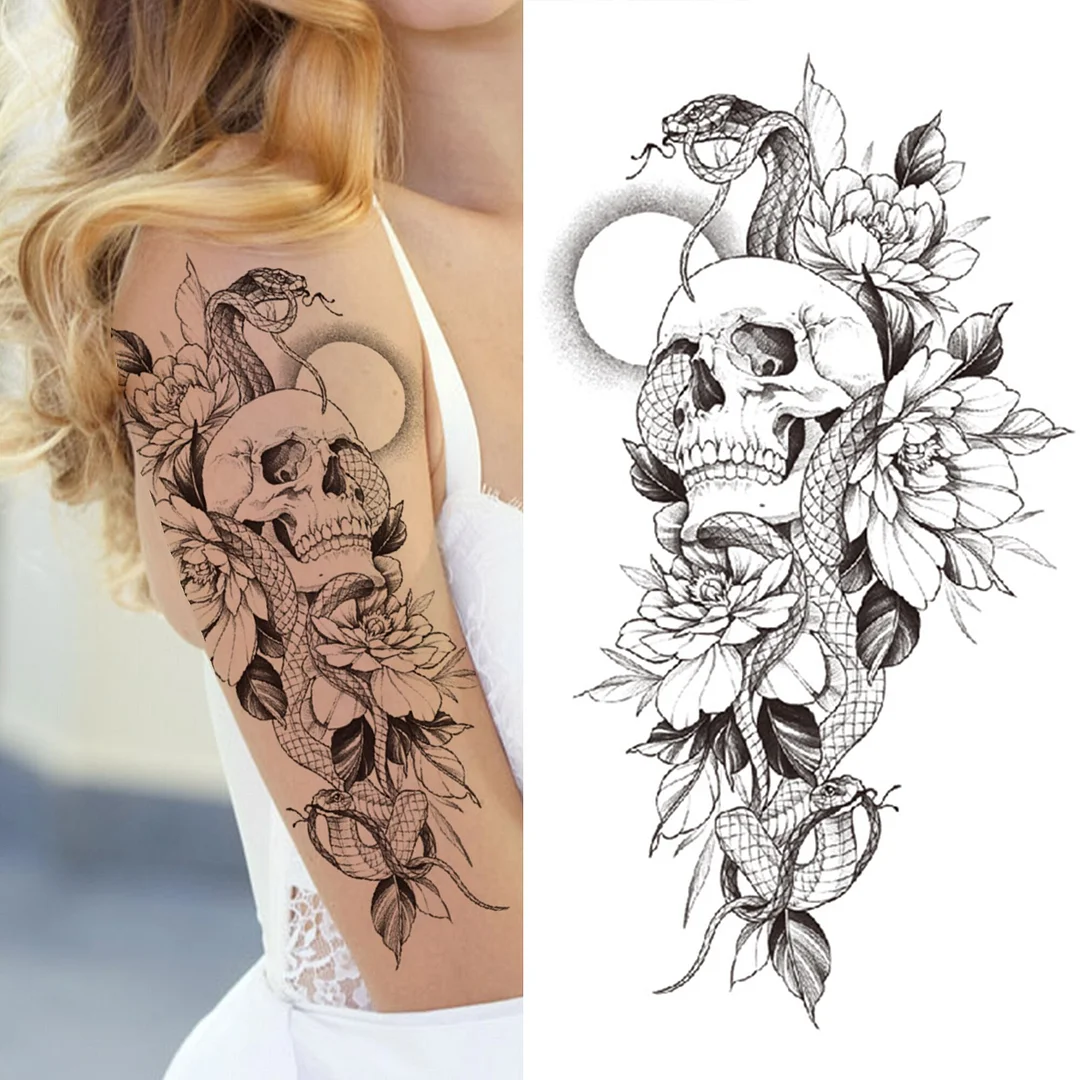 Sdrawing Death Skull Snake Flower Temporary Tattoos For Women Men Adult Skeleton Fake Rose Tattoo Sticker Black Peony Body Tatoo