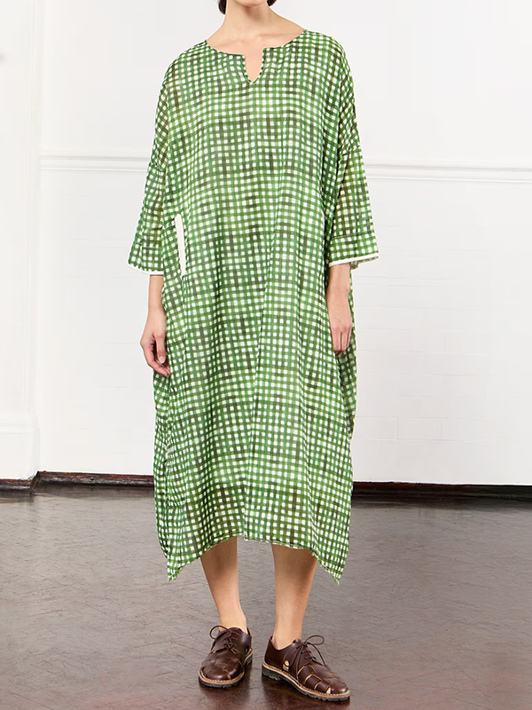 Loose Notch Neck Plaid Slip Pockets Side Splits Cotton Linen Midi Dress