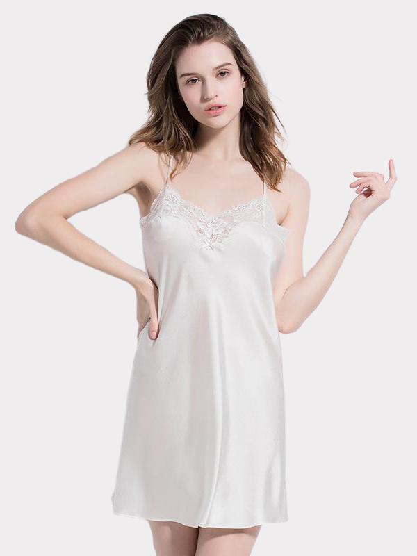19 Momme White Lace Mulberry Silk Nightgown REAL SILK LIFE